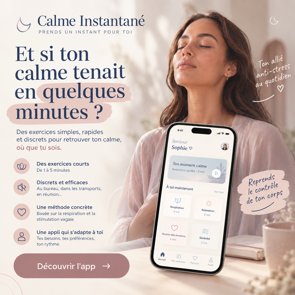 Visuel Calme Instantané avec femme apaisée